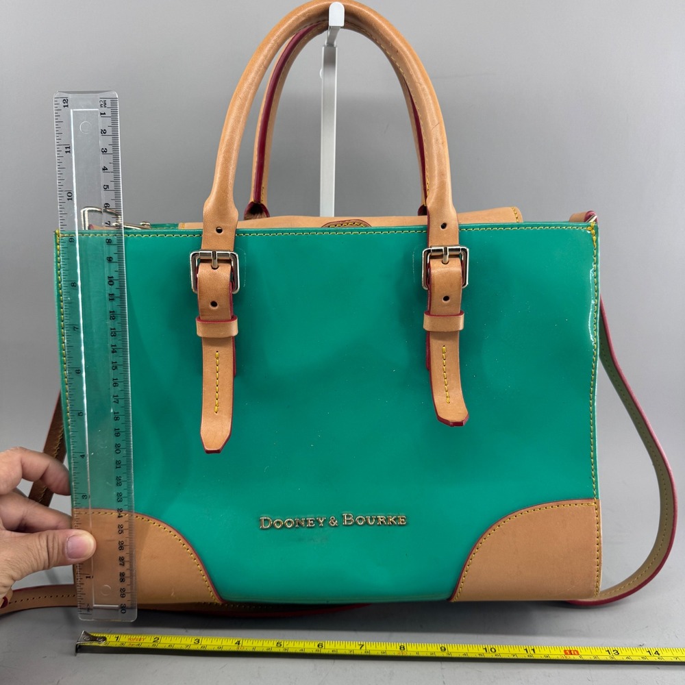 Dooney & Bourke Womens Patent Leather Satchel Crossbody Bag Teal Green Tan - Picture 11 of 16